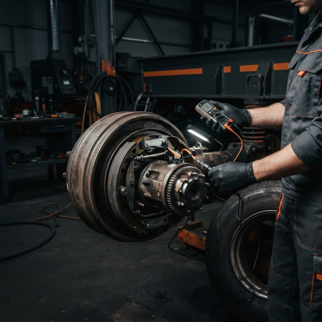 Technician diagnosing a heavy-duty semi-trailer ABS wheel-end and brake assembly in a repair shop